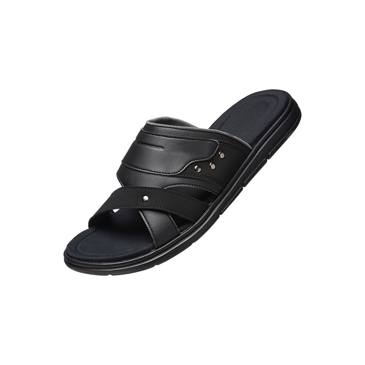China Brand Customized High Quality Solid Black Flat Leather Summer Flip Flops Men